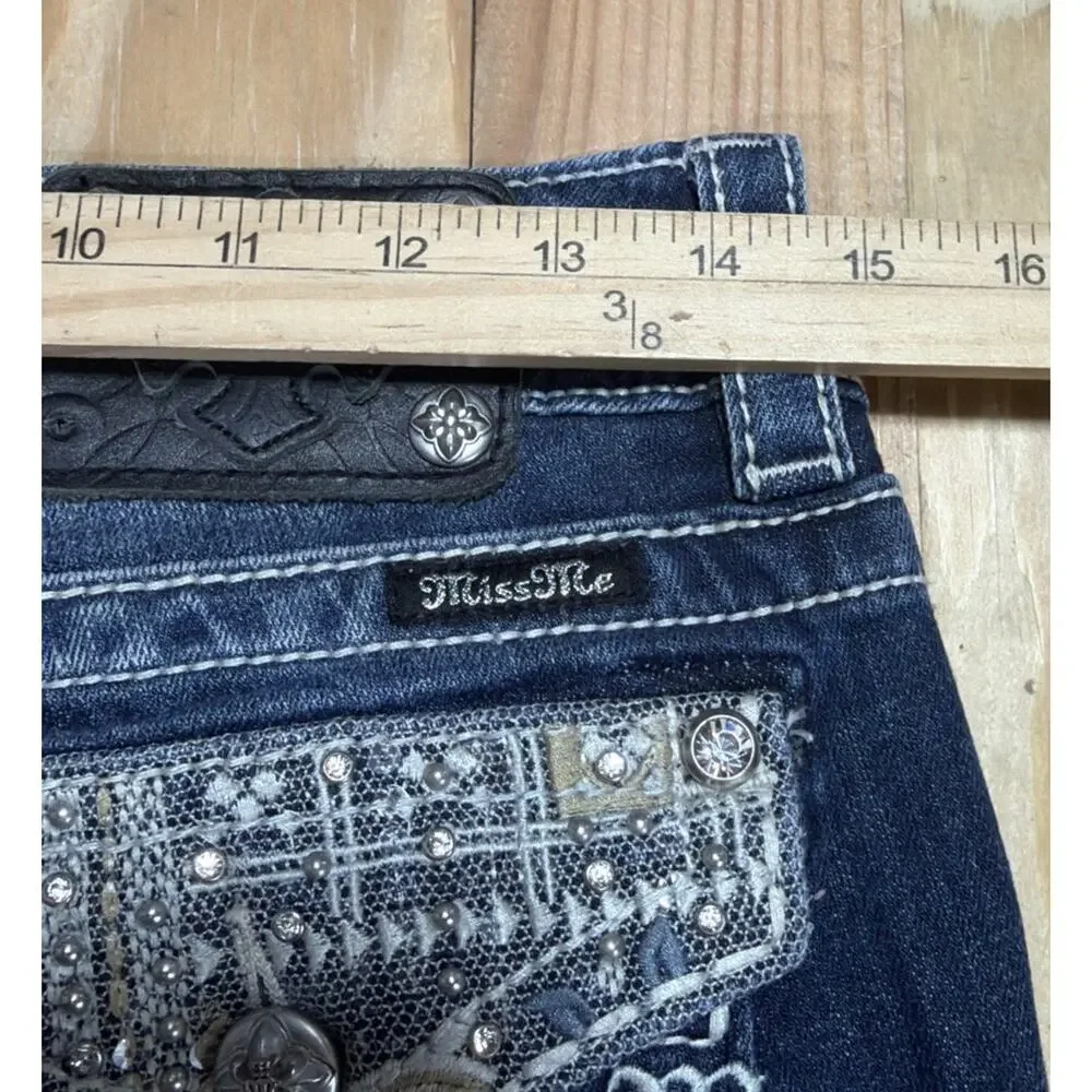MISS ME Lace-Overlay Back-Flap Pocket Embellished Jeans Size 27